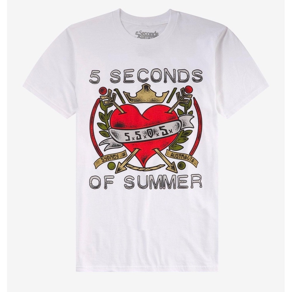 Five Seconds of Summer 5SOS Band Tee Women White Heart Crest Graphic 3X